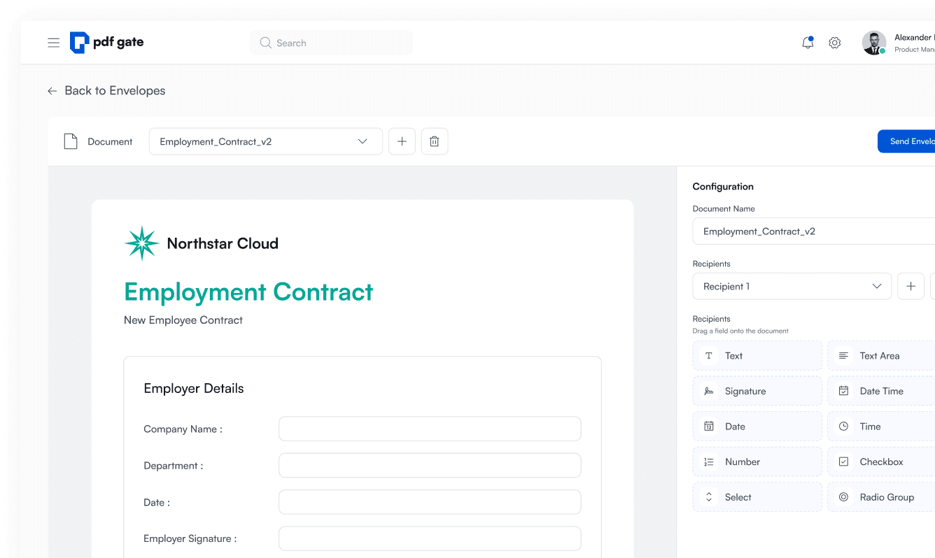 PDFGate dashboard showing an envelope being prepared for signature